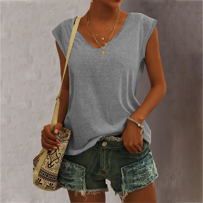 Women Casual Solid Color V Neck Simple Loose Sleeveless Tank Top
