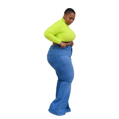 Vaqueros casuales de pierna ancha de color liso para mujer, tallas grandes