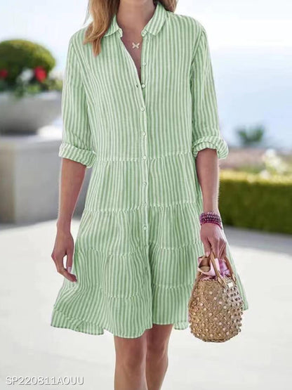 Women Casual Loose Long Stripe Striped Shirt Dress
