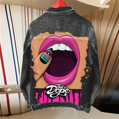 Chaqueta vaquera informal de manga larga con estampado gráfico y botonadura sencilla para mujer