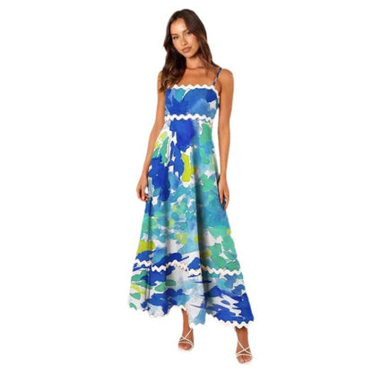 Women Casual Summer Vacation Floral Color Blocking Maxi Sun Dress