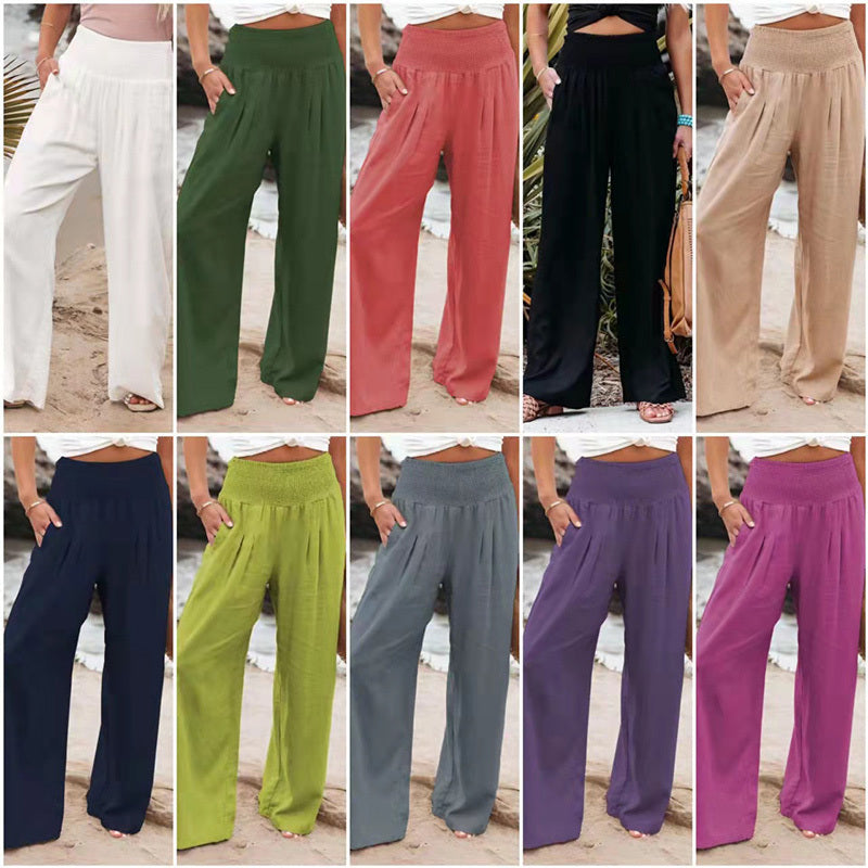 Women Cotton Linen Pockets Solid Loose Casual Wide Leg Long Trousers Pants