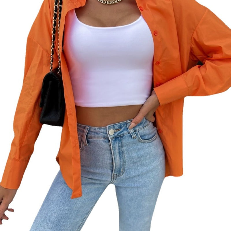 Spring And Summer Women Loose Casual Solid Color Long Sleeve V-Neck Button Shirt Blouse