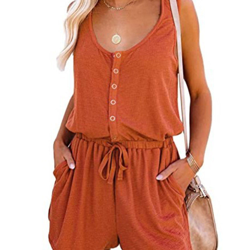 Summer Women Fashion Casual Solid Color Sleeveless Defined Waist Lace-Up Rompers