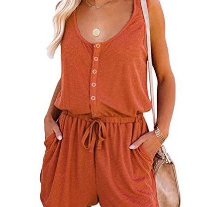 Summer Women Fashion Casual Solid Color Sleeveless Defined Waist Lace-Up Rompers