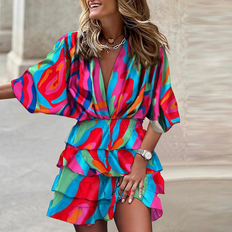 Vestido informal de vacaciones para mujer, con estampado de bloques de color, escote en V, mangas cortas, cintura definida y volantes