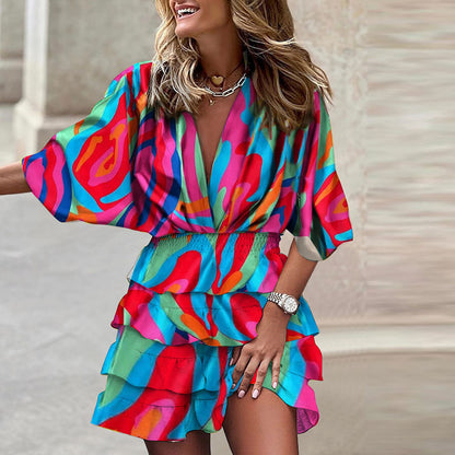 Vestido informal de vacaciones para mujer, con estampado de bloques de color, escote en V, mangas cortas, cintura definida y volantes