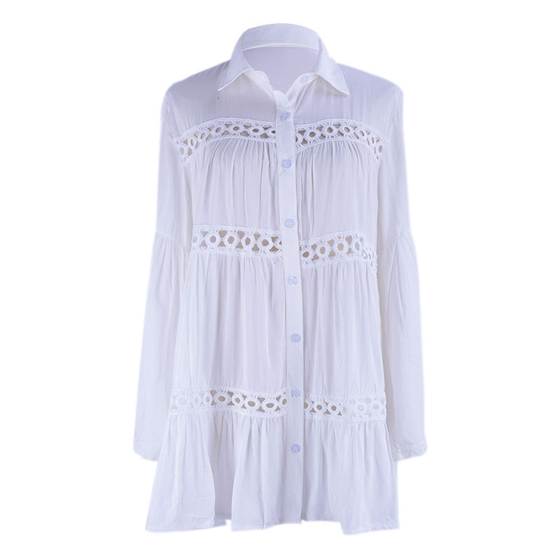 Traje de baño de playa informal holgado de manga larga con encaje y solapa de color liso para mujer