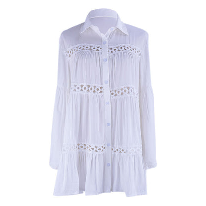 Traje de baño de playa informal holgado de manga larga con encaje y solapa de color liso para mujer
