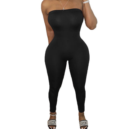 Women Casual Wrap Chest Tight Solid Color Jumpsuit