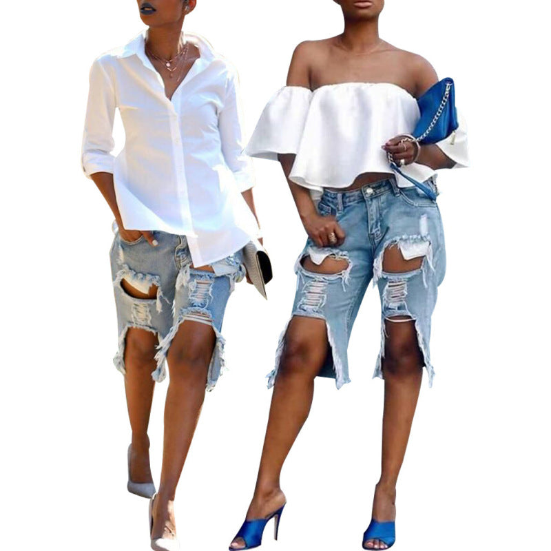 Women Fashion Casual Ripped Raw Edge Stretch Denim Cropped Pants