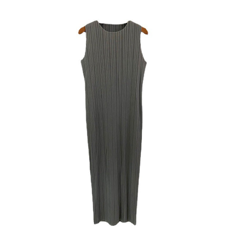 Vestido largo minimalista informal de color liso, suave, sin mangas, con cuello redondo y pliegues para mujer
