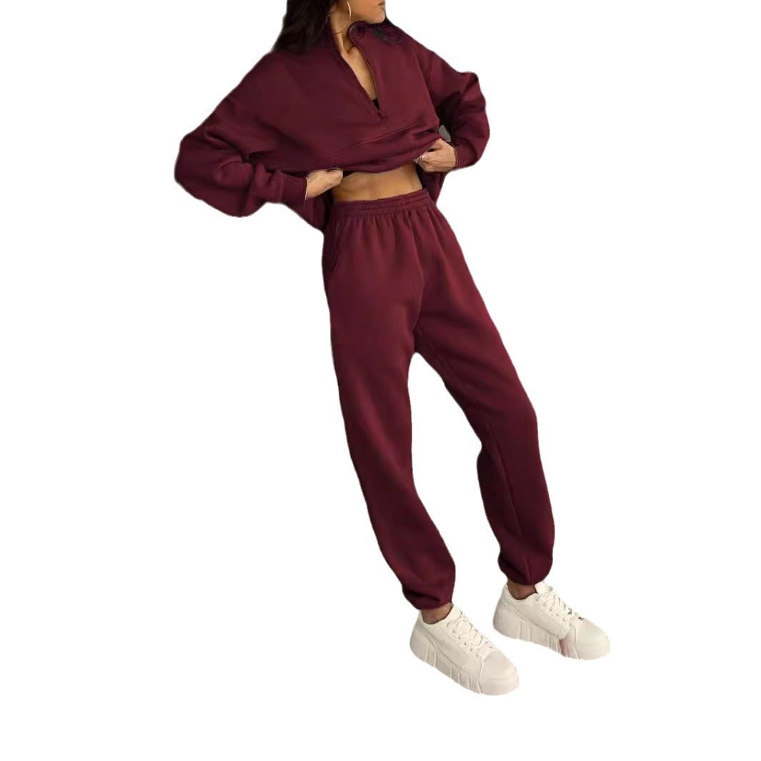 Women Casual Solid Zip Sweatshirts And Pants Two-Piece Set
