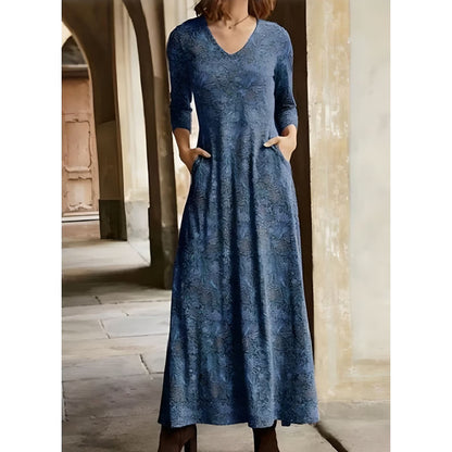 Women Fashion Casual Printed V-Neck Pocket Long Sleeve Maxi Dress