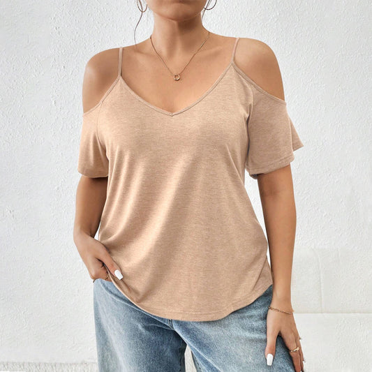 Camiseta informal de verano con tirantes y hombros descubiertos para mujer, talla grande