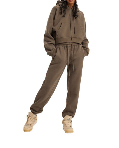 Athleisure Casual Fashion Solid Color Pullover Drawstring Pocket Hoodie Pants Set Women Sports Set