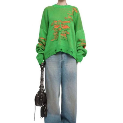 y2k Winter Street Fashion Women Casual Loose Ripped Color-Matching Long-Sleeved Knitted Sweater