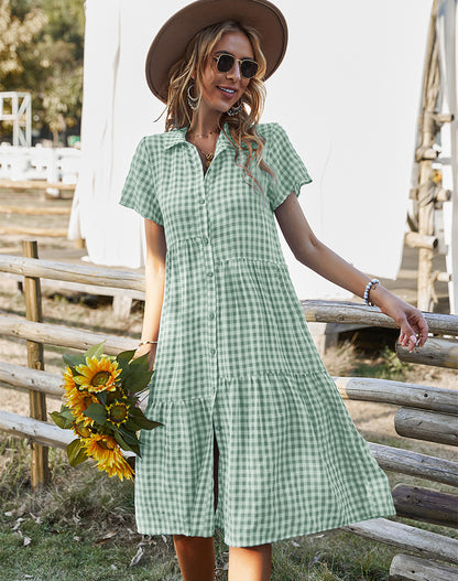 Women Fashion Casual Plaid Single Breasted Lapel Short Sleeve Dress