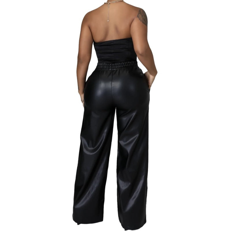 Women PU Leather High Waist Casual Elastic Wide Leg Pants