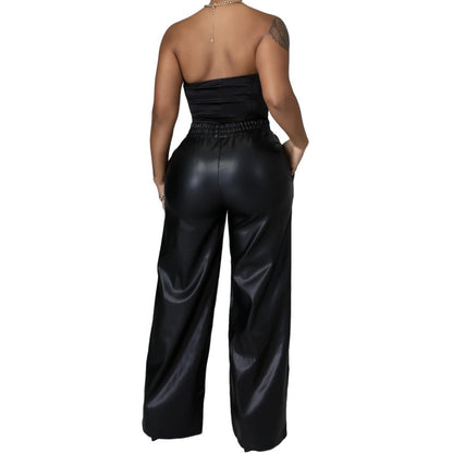 Women PU Leather High Waist Casual Elastic Wide Leg Pants