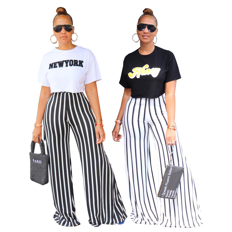 Pantalones anchos de cintura alta con estampado de rayas informales a la moda para mujer