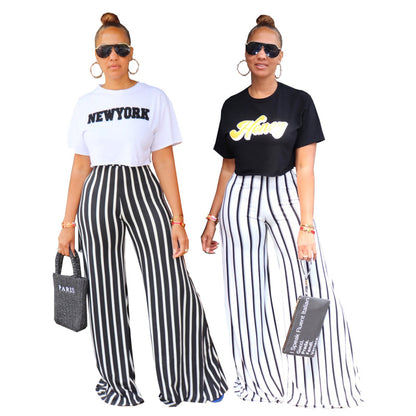 Pantalones anchos de cintura alta con estampado de rayas informales a la moda para mujer