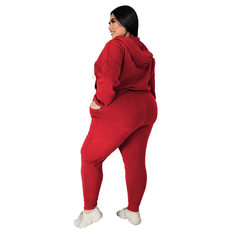 Women Fashion Casual Plus Size Long Sleeve Hooded Sweatshirt Pants Two-Piece Set