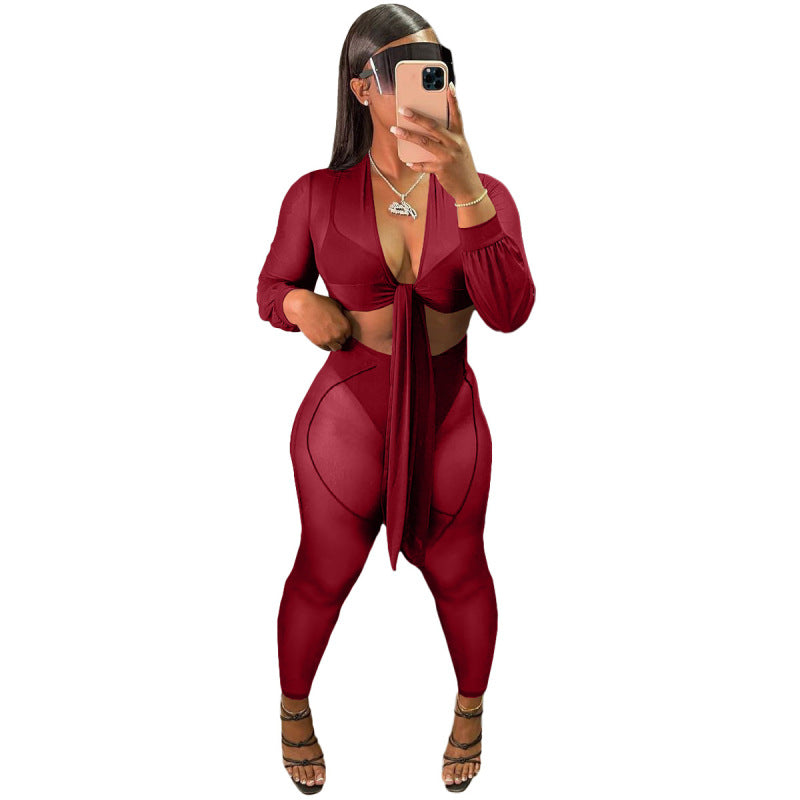 Conjunto informal de dos piezas de top y pantalón de malla de color liso para mujer