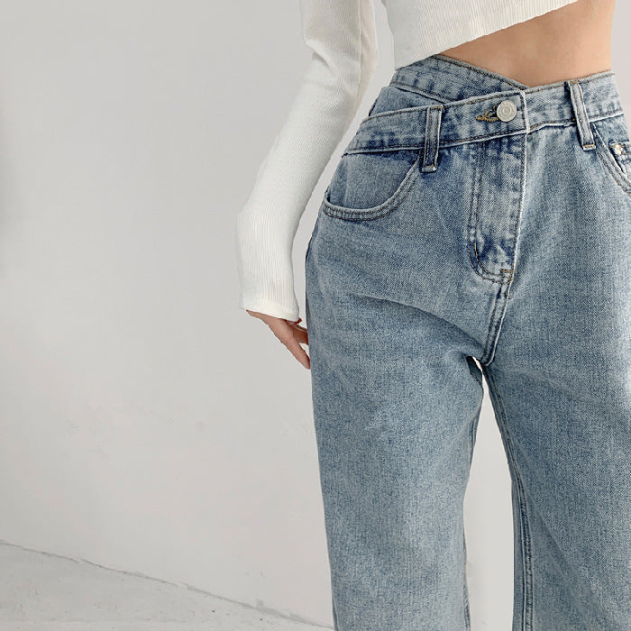 Vaqueros casuales de pierna ancha de color liso para mujer