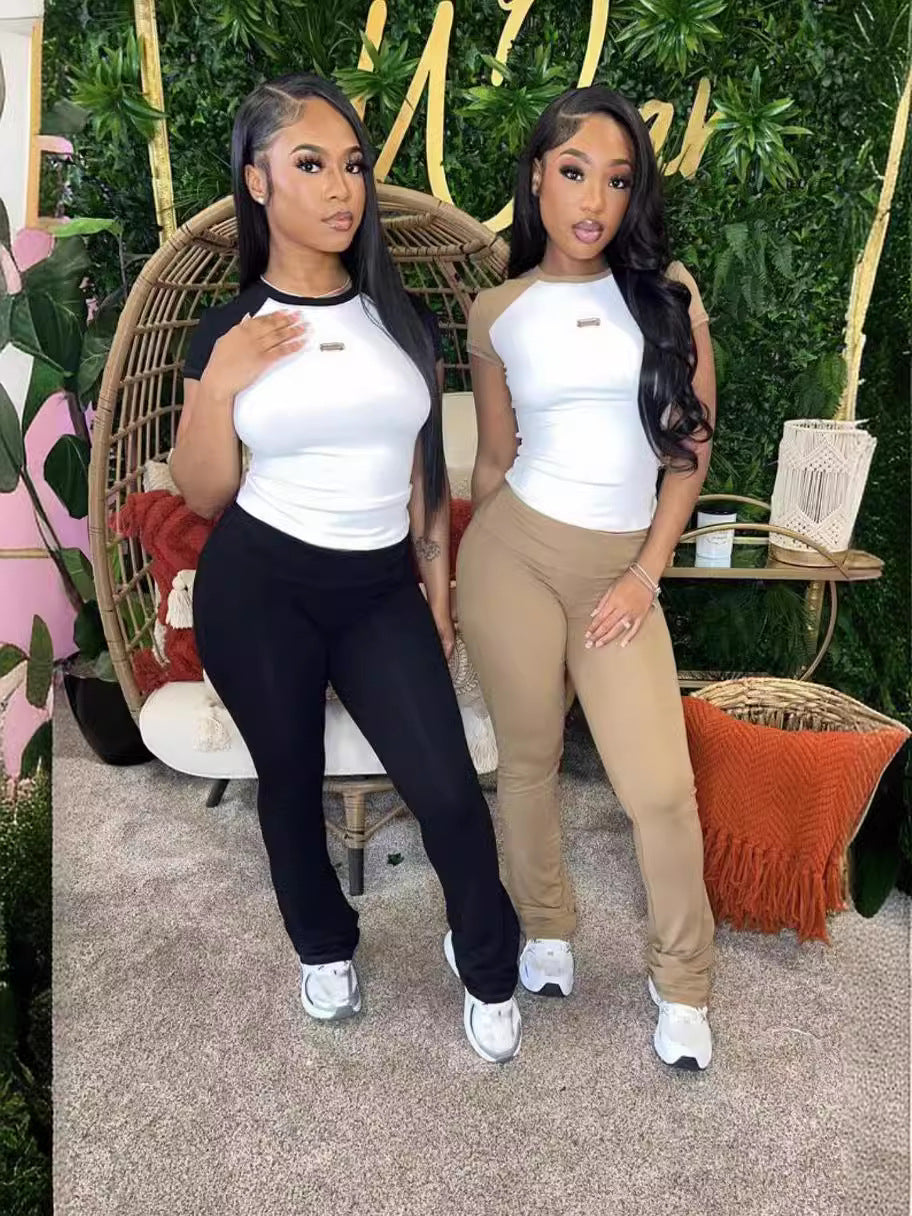 Summer Women Casual Round Neck Short-Sleeved T-Shirt Top Pants Two-Piece Set