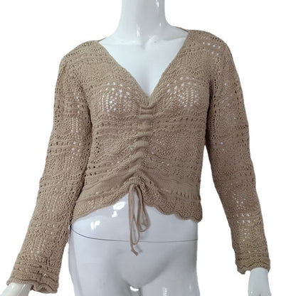 Women Casual Fashio V Neck Flare Long Sleeve Drawstring Knitted Sweater