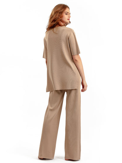 Conjunto de dos piezas de punto con top de manga corta y pernera ancha de color liso para mujer