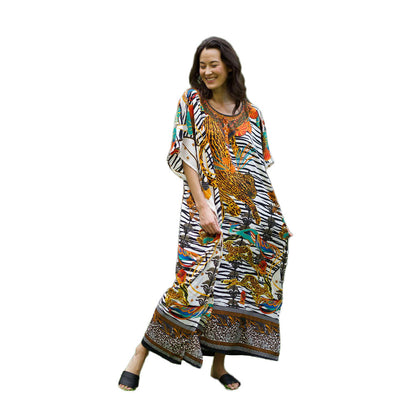 Women Fashion Casual Tiger Printing Batwing Sleeve Long Dress