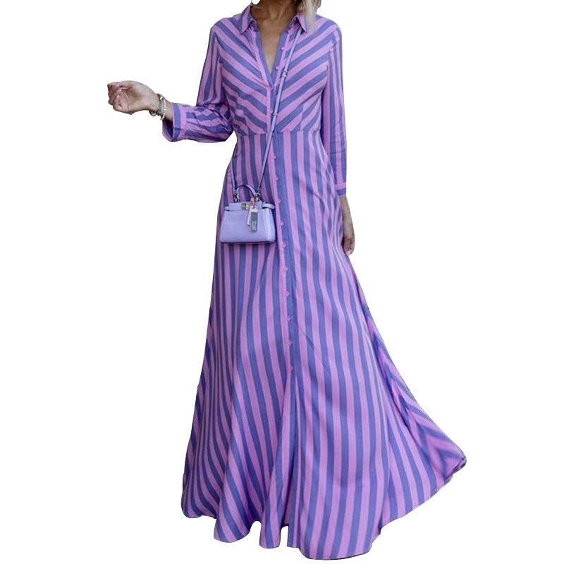 Women Fashion Casual Stripe Long Sleeve Maxi Dress