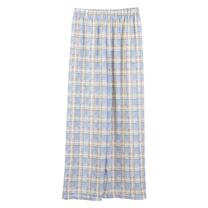 Women Edgy Summer High Waist Straight Plaid Loose Casual Wide Leg Pants