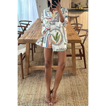 Fashion Vacation Women Long-Sleeved Casual Loose Blouse Drawstring Pocket Shorts Two-Piece Set