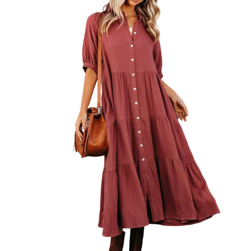 Summer Women Casual Solid Color Button Loose Shirt Dress