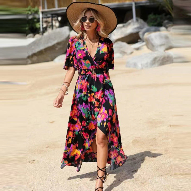 Vestido largo de verano para mujer, informal, para vacaciones, playa, manga corta, cuello en V, estampado floral