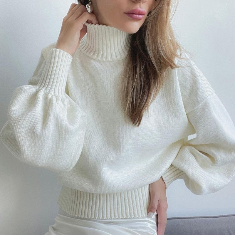 Suéter de punto con mangas abullonadas y cuello alto de color liso informal de invierno para mujer