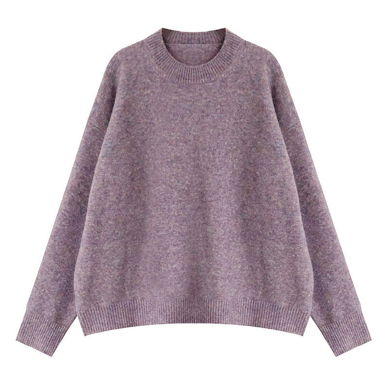 Women Fashion Casual Loose Solid Color Round Neck Long Sleeve Knitwear