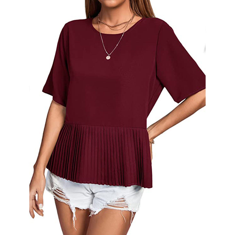 Blusa informal de mujer con cuello redondo, manga corta, dobladillo plisado y color liso