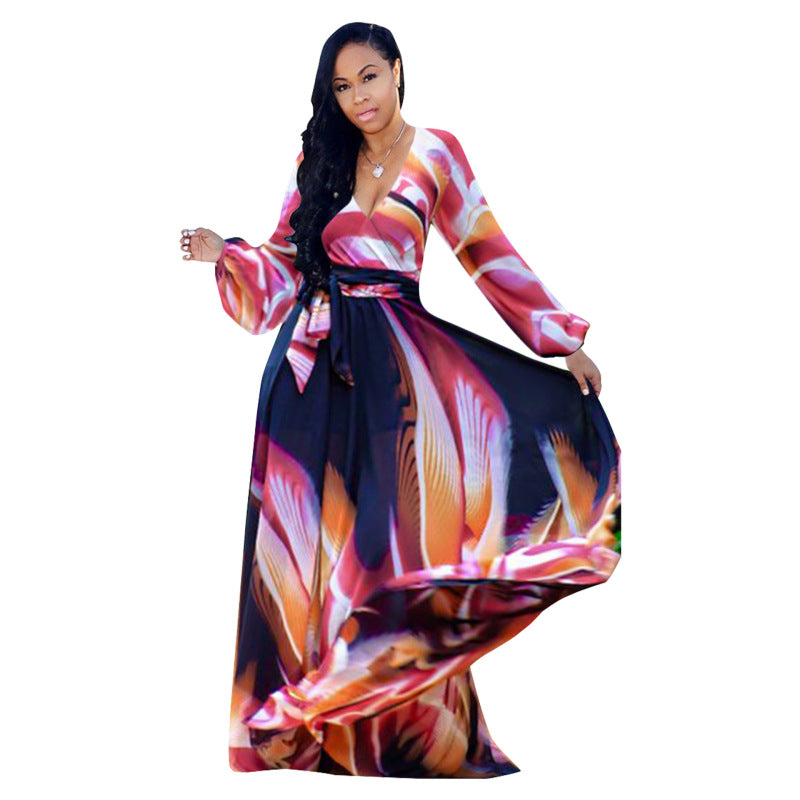 Women Fashion Casual Digital Printing V-Neck Long Sleeve Loose Dress