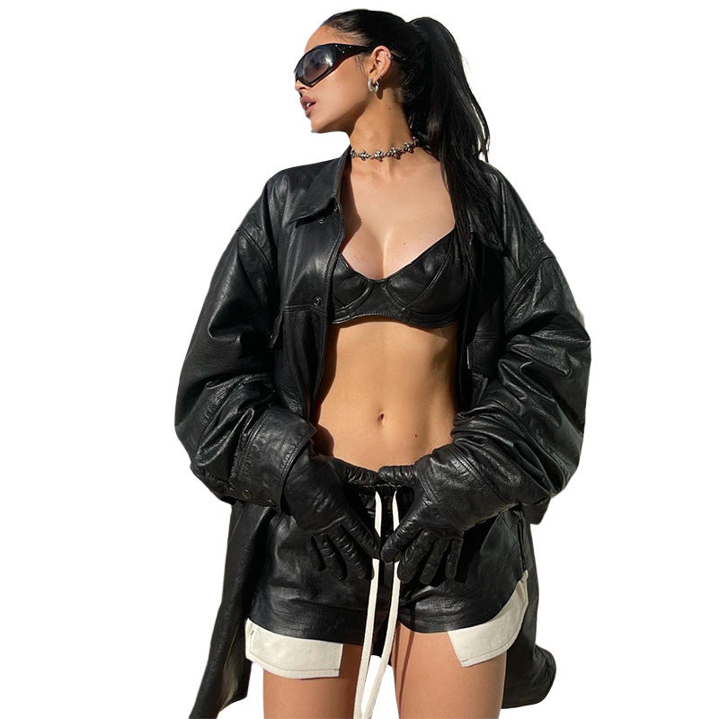 Women Contrast Color Imitation Leather Lace High Waist Hip Tight Casual Shorts