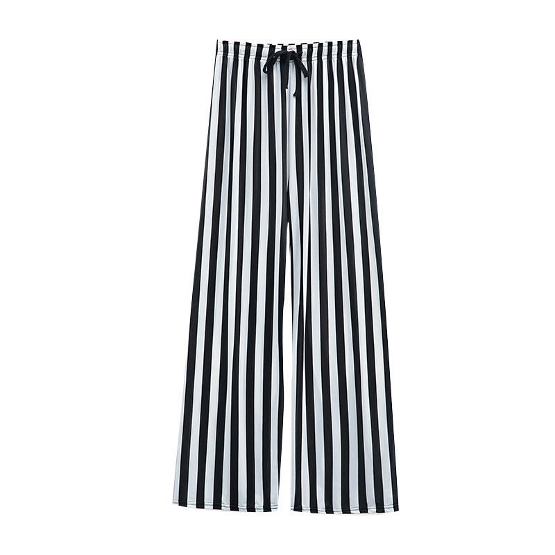 Women Casual Stripe Print Loose Wide-Leg Pants