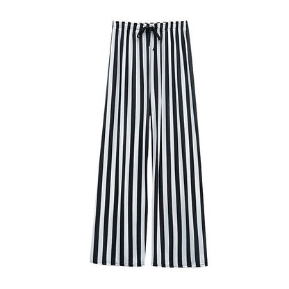 Women Casual Stripe Print Loose Wide-Leg Pants