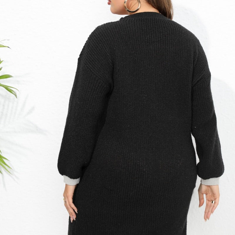 Vestido informal de punto con cuello en V y manga larga en contraste de color para mujer, talla grande, para invierno y otoño