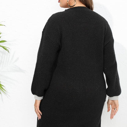 Vestido informal de punto con cuello en V y manga larga en contraste de color para mujer, talla grande, para invierno y otoño