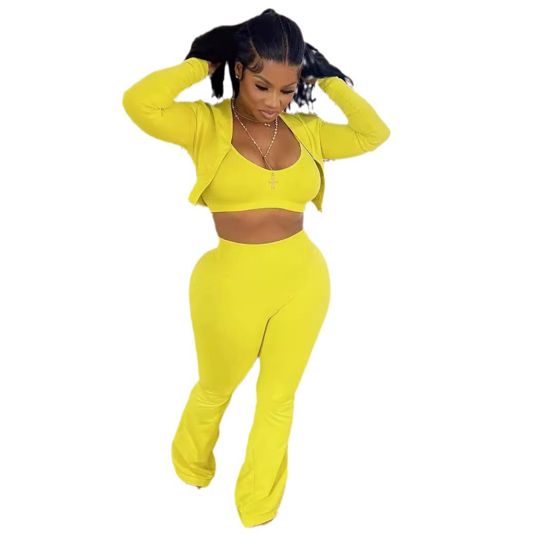 Women Fashion Casual Solid Color Camisole Long Sleeve Cardigan Top Tight Pants Three-Piece Set