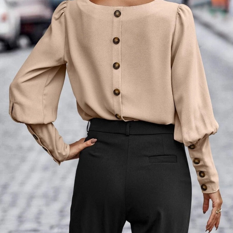 Camisa informal de manga larga de color liso a la moda para mujer