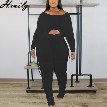 Conjunto de dos piezas de ropa informal para mujer, con top corto de manga larga y pantalones largos fruncidos, color liso